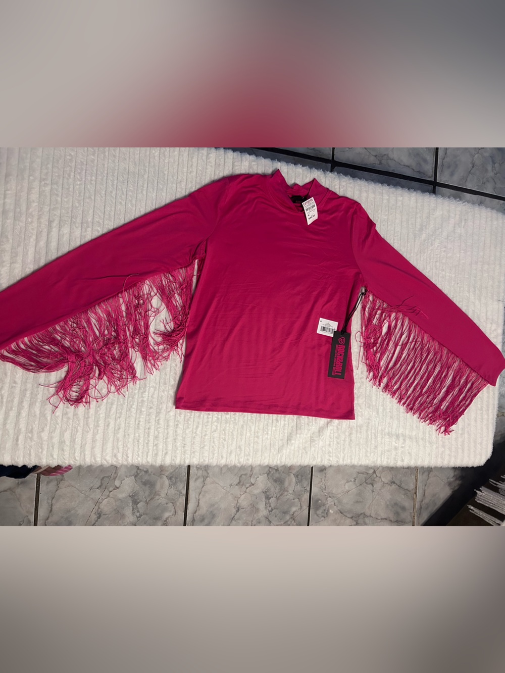 Fringe-Sleeve Long Sleeve Top - Hot Pink